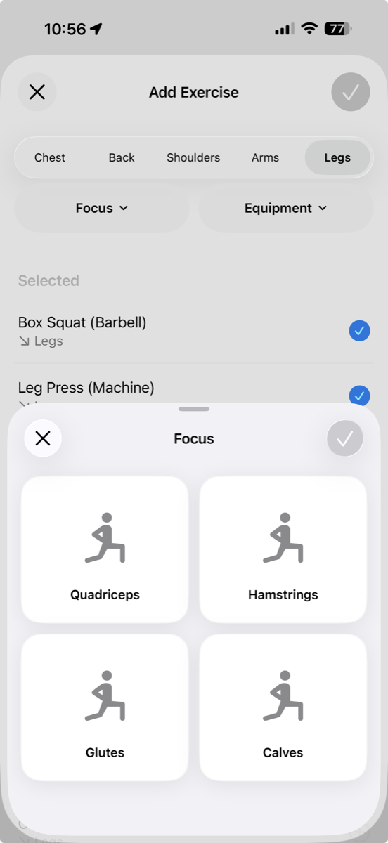 GoHeavy Add Exercise screen with focus and equipment filters
