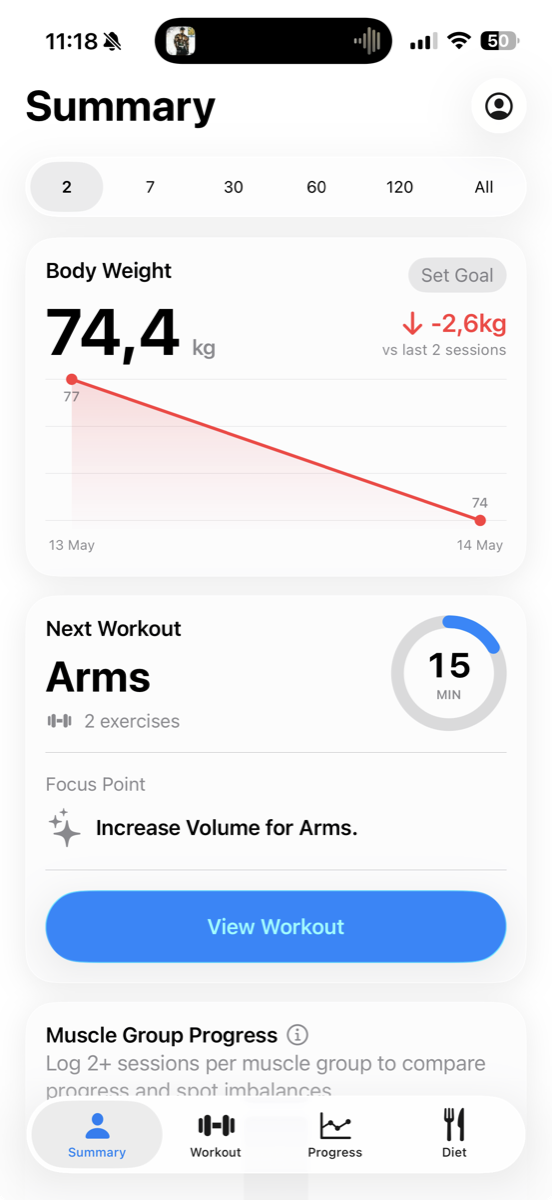 GoHeavy Summary screen with body weight trend and next workout
