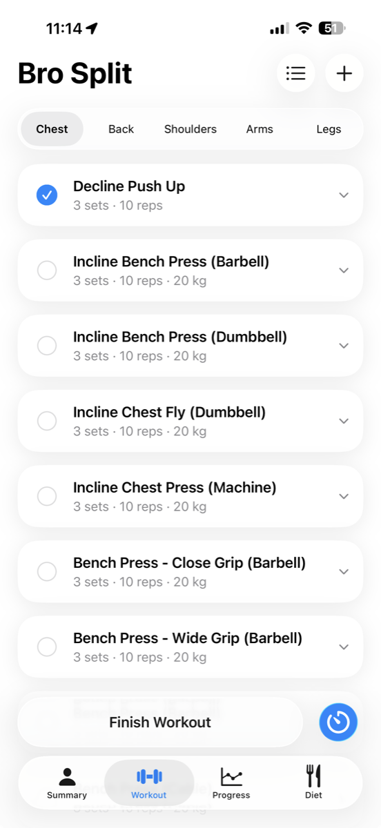 GoHeavy Workout screen with exercise list, rest timer, and finish workout action